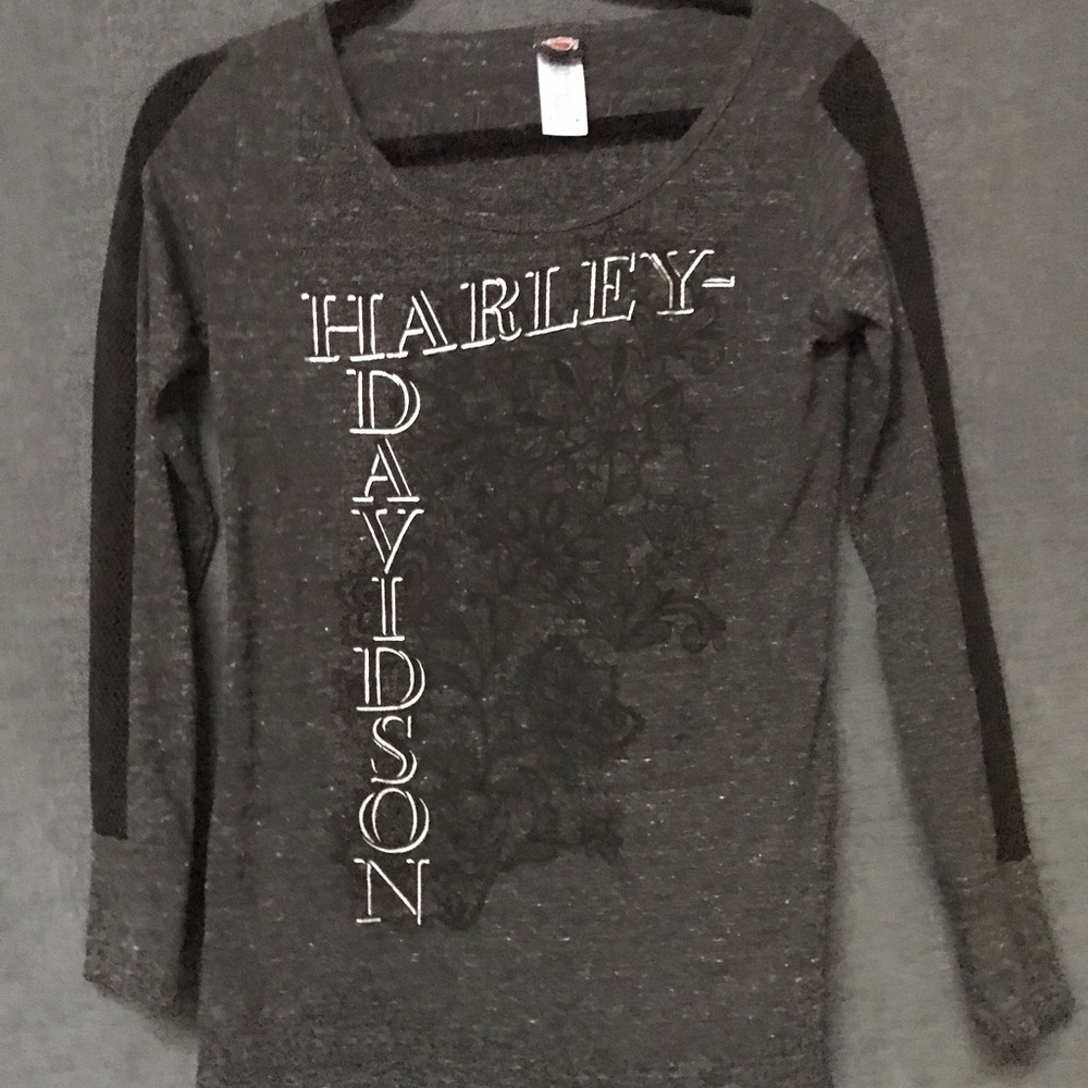 Harley-Davidson Girls' Long Sleeve Charcoal Top with Black Sleeve Stripes
